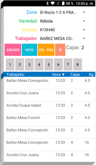 Pantalla de recolección con zona, variedad, envase y cajas por trabajador